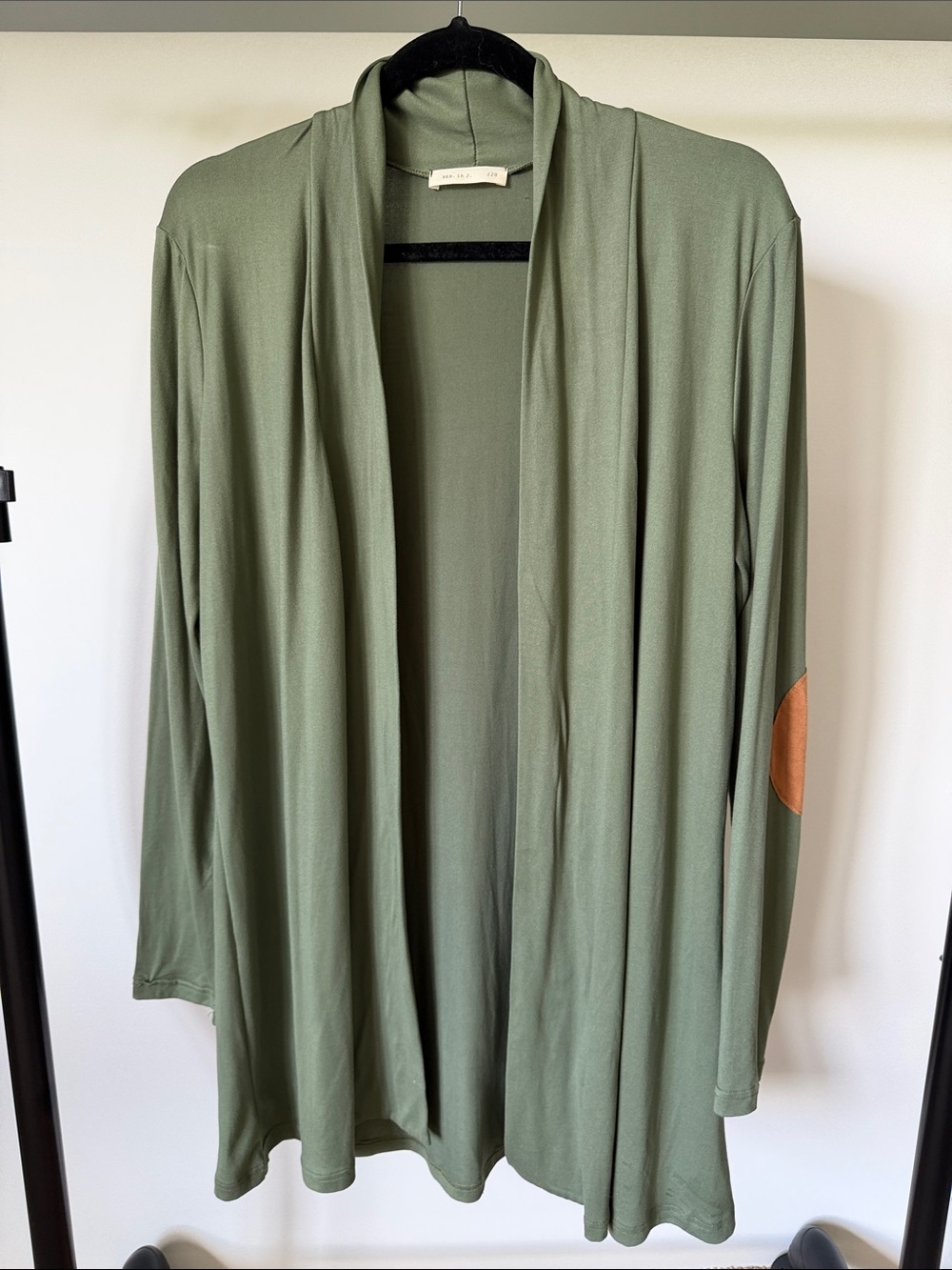 Olive Green Open-Front Women’s Cardigan with Elbow Patch